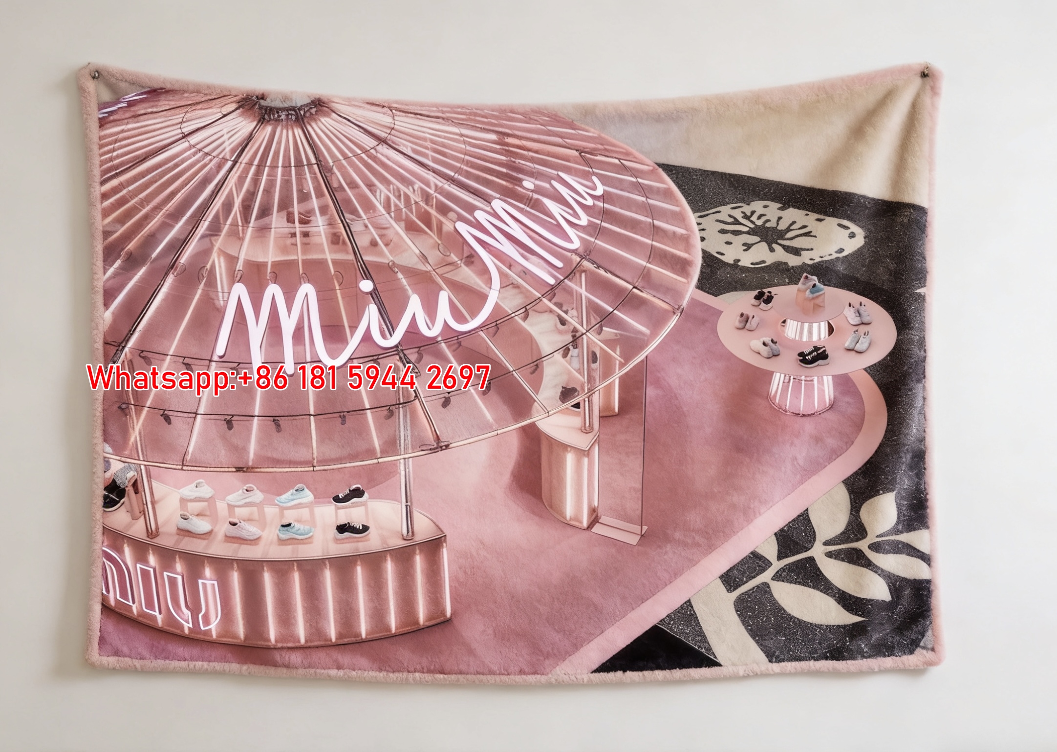 Miu Miu Pink Neon Pop-Up Store Print Flannel Sofa Throw Blanket IMG_0533